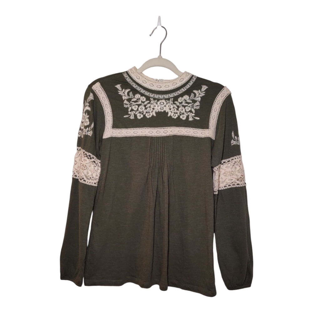 DownEast Boho Lace Embroidered Long Sleeve Top Women's XS